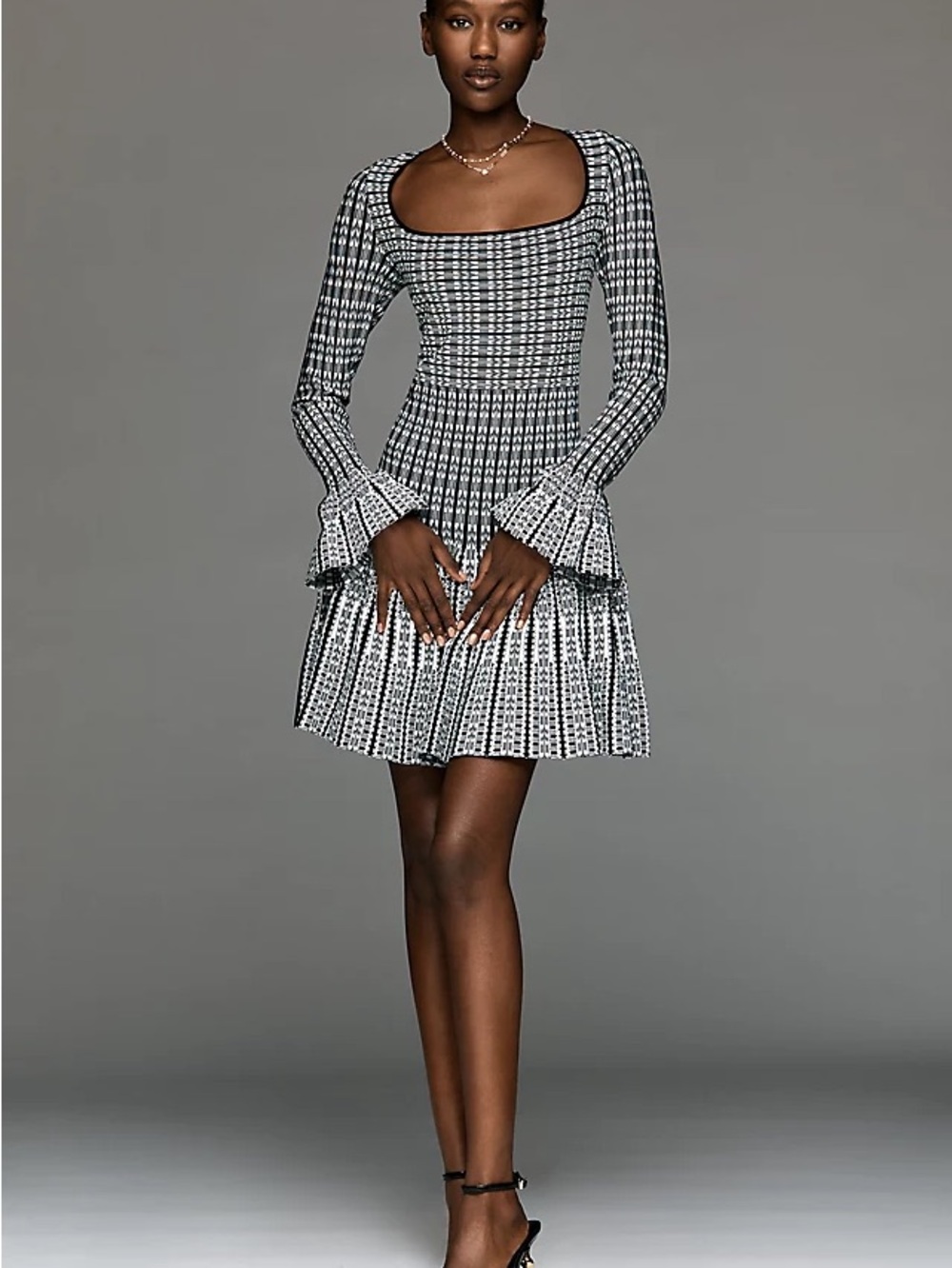 Anthropologie Black and White Patterned Long-Sleeve Fit-and-Flare Dress